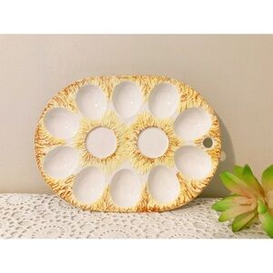 Vintage Yellow Deviled Egg Plate Straw Nest Design Vintage Easter Entertaining